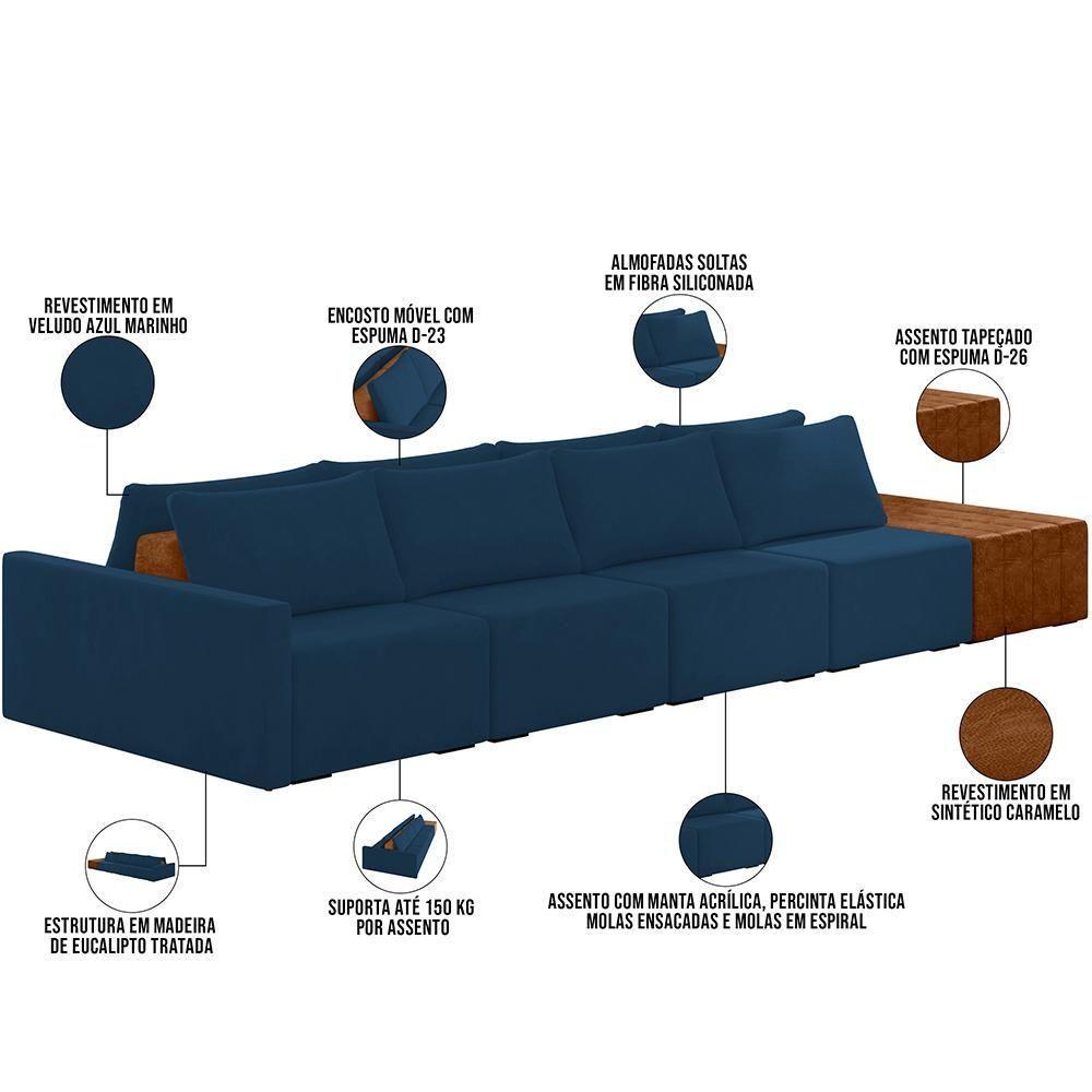 Sofá Ilha Modular Para Sala 392cm Com Puff Dublin K01 Veludo Azul Sintético Caramelo - Lyam Decor - 7