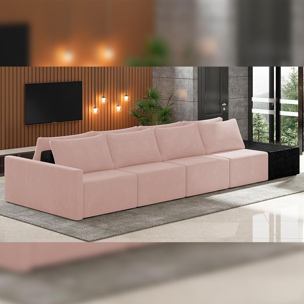 Sofá Ilha Modular Para Sala 432cm Com Puff Dublin K01 Veludo Rosê E Sintético Preto - Lyam Decor - 6