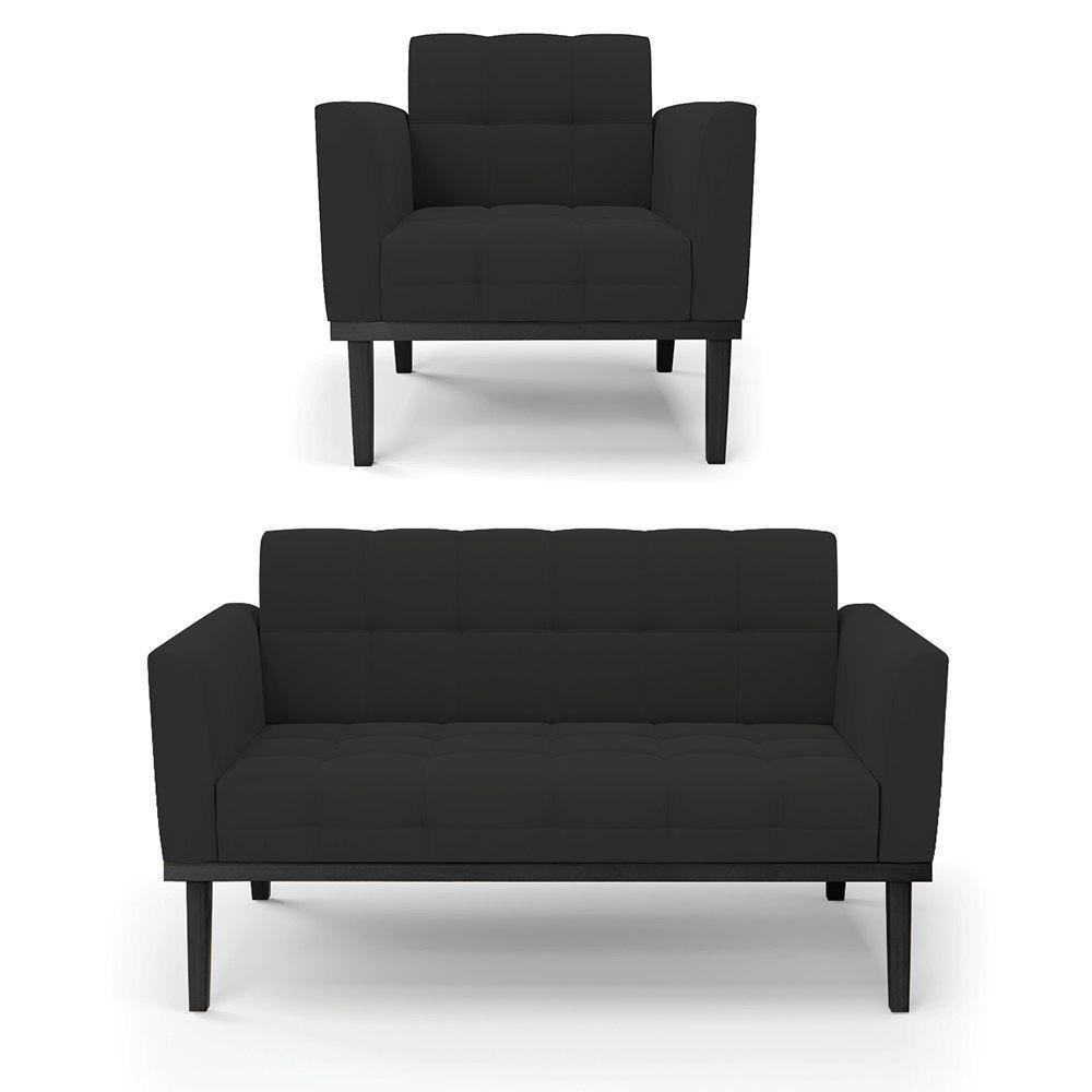 Sofá Namoradeira E Poltrona Base De Madeira Preto Elisa Veludo Preto D03 - D'rossi - 1