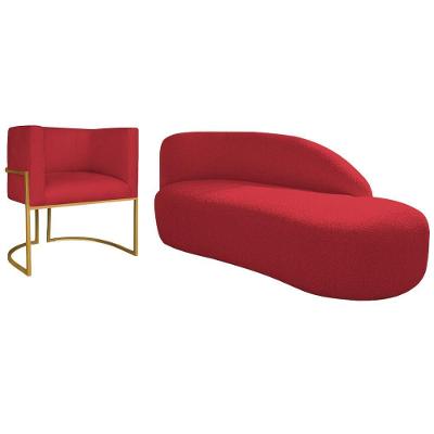 Kit Divã Luna 160cm Lado Direito E 01 Poltrona Base De Ferro Dourada Suede Cor Vermelho