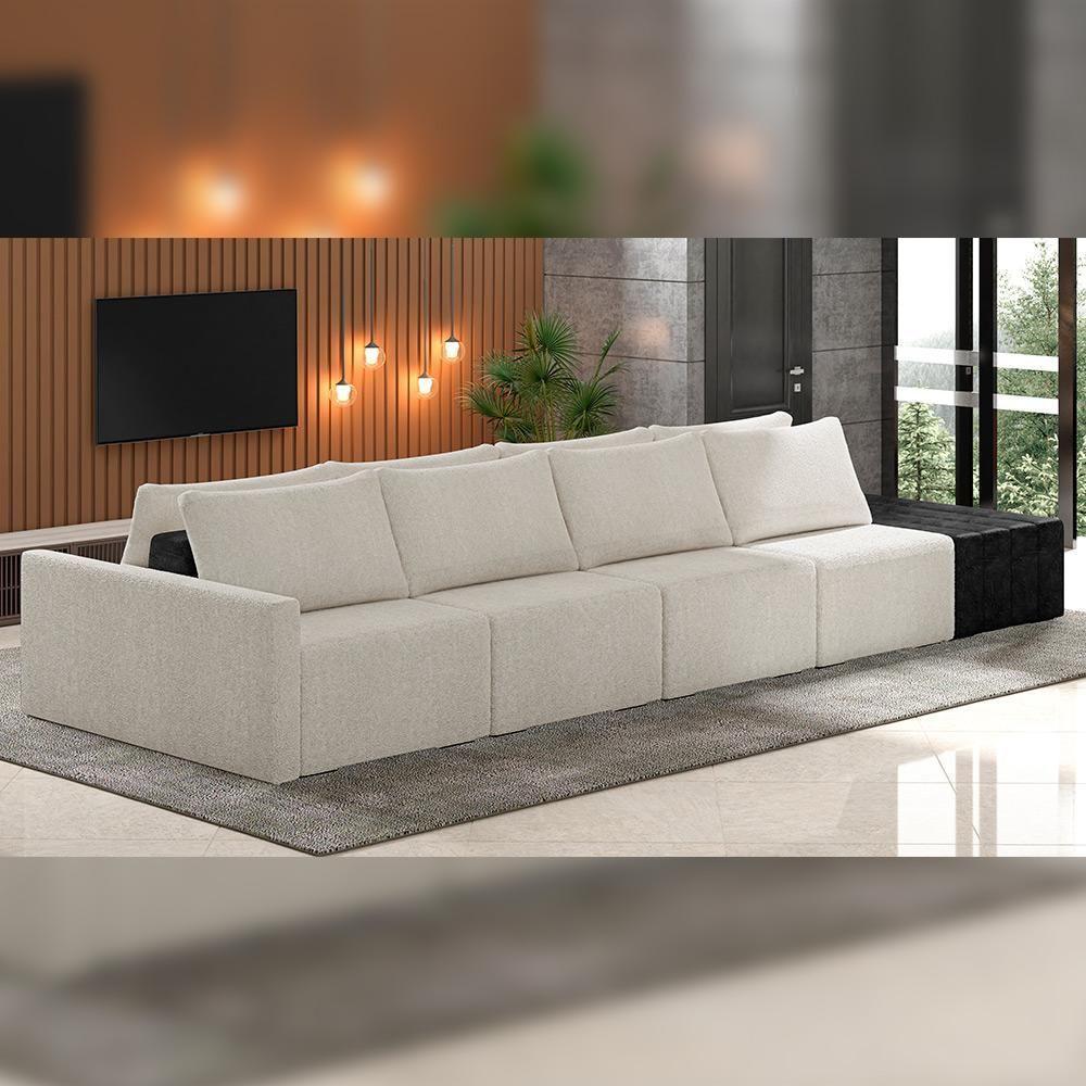 Sofá Ilha Modular Para Sala 432cm Com Puff Dublin K01 Bouclê Creme E Sintético Preto - Lyam Decor - 5