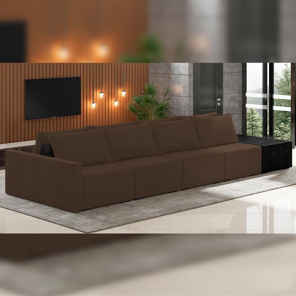 Sofá Ilha Modular Para Sala 432cm Com Puff Dublin K01 Veludo Marrom E Sintético Preto - Lyam Decor - 6