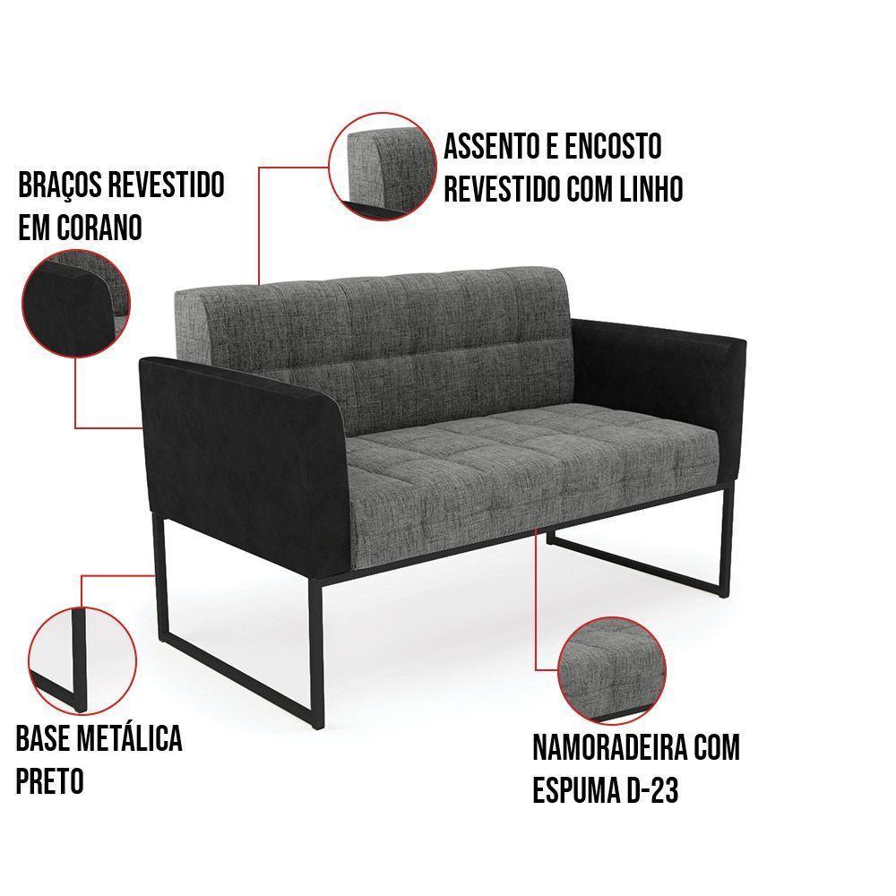 Sofá Namoradeira 2 Lugares Base Industrial Preto Elisa Preto-linho Grafite A26 D03 - D'rossi - 2