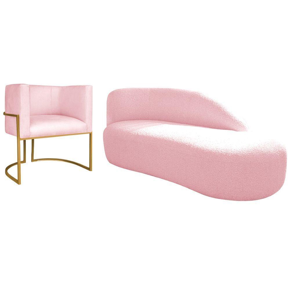 Kit Divã Luna 185cm Lado Direito E 01 Poltrona Base De Ferro Dourado Suede Cor Rosa Bebê - 1