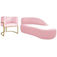 Kit Divã Luna 185cm Lado Direito E 01 Poltrona Base De Ferro Dourado Suede Cor Rosa Bebê - 1