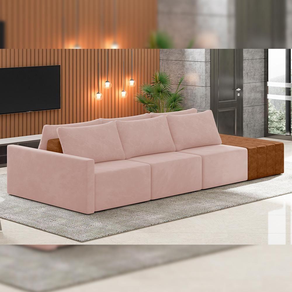 Sofá Ilha Modular Para Sala 312cm Com Puff Dublin K01 Veludo Rosê Sintético Caramelo - Lyam Decor - 6