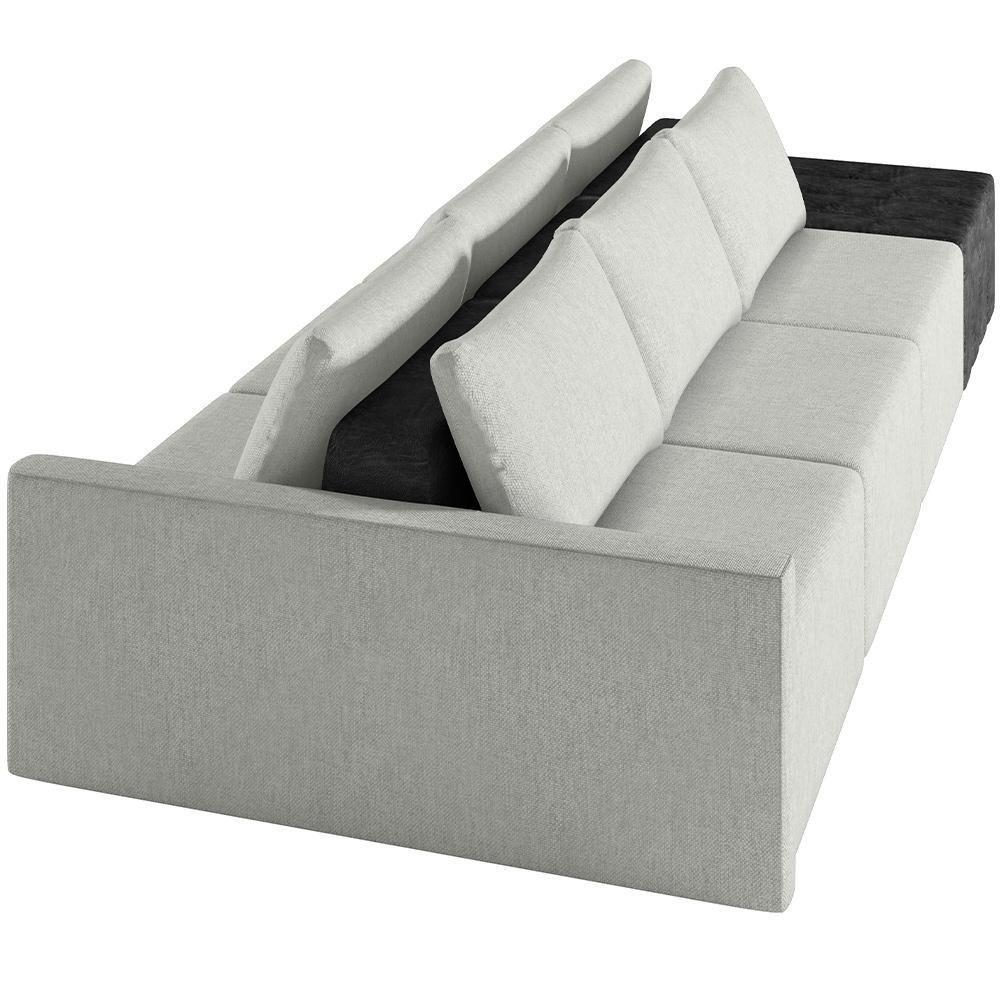 Sofá Ilha Modular Para Sala 312cm Com Puff Dublin K01 Linho Cinza E Sintético Preto - Lyam Decor - 4