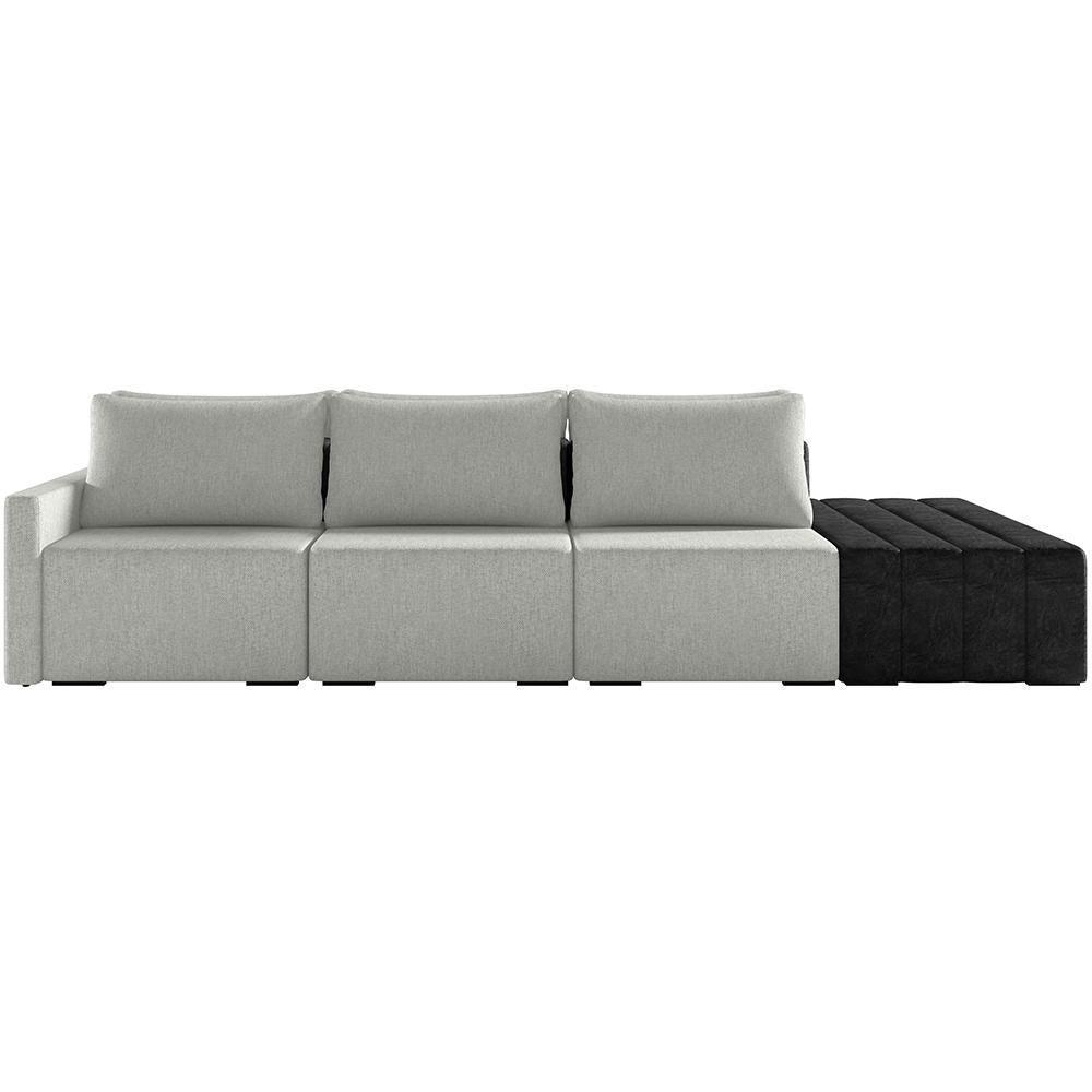 Sofá Ilha Modular Para Sala 312cm Com Puff Dublin K01 Linho Cinza E Sintético Preto - Lyam Decor - 5