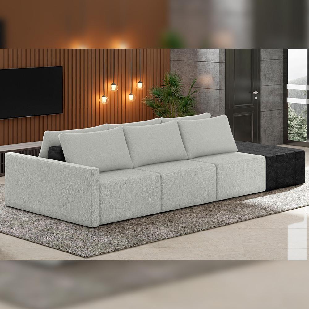 Sofá Ilha Modular Para Sala 312cm Com Puff Dublin K01 Linho Cinza E Sintético Preto - Lyam Decor - 6
