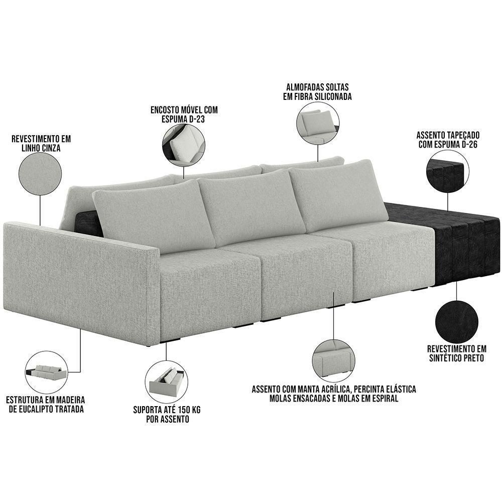 Sofá Ilha Modular Para Sala 312cm Com Puff Dublin K01 Linho Cinza E Sintético Preto - Lyam Decor - 7