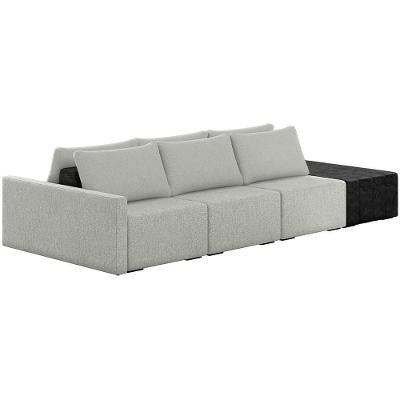Sofá Ilha Modular Para Sala 312cm Com Puff Dublin K01 Linho Cinza E Sintético Preto - Lyam Decor