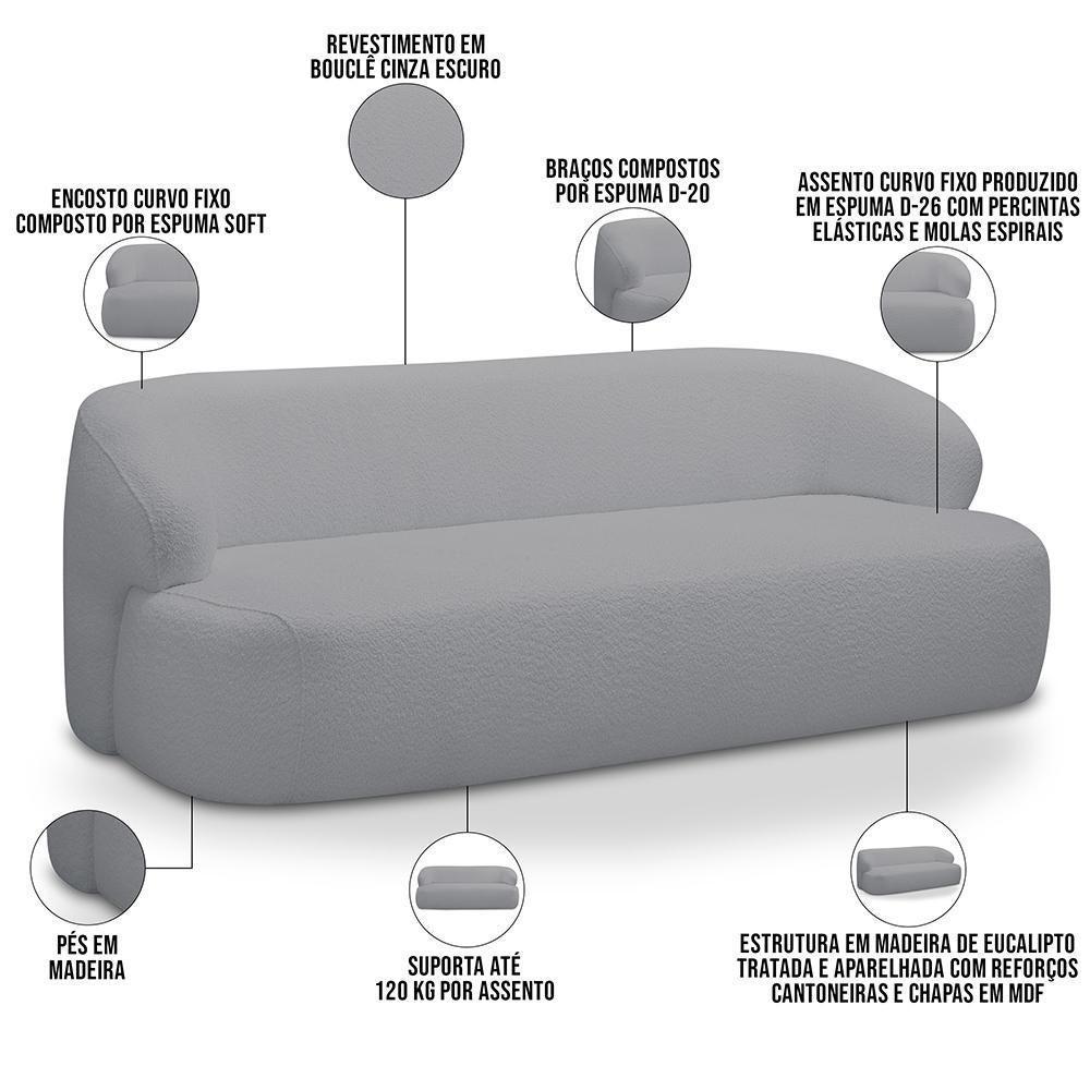 Sofá 3 Lugares Curvo Orgânico Para Sala Living 180cm Barolo L06 Bouclê Cinza Escuro - Lyam Decor - 3