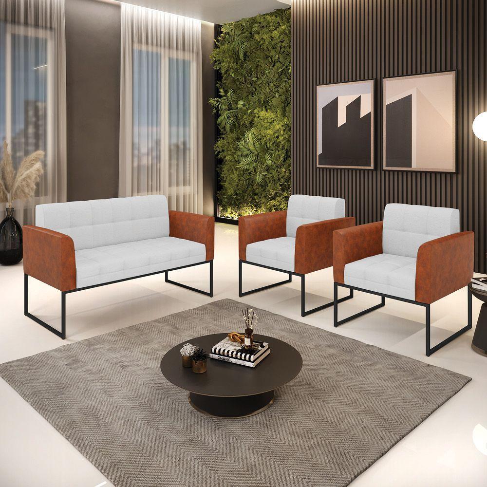 Sofá Namoradeira E 2 Poltronas Base Industrial Preto Elisa Nozes-linho Cinza A05 D03 - D'rossi - 7