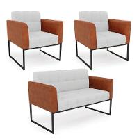 Sofá Namoradeira E 2 Poltronas Base Industrial Preto Elisa Nozes-linho Cinza A05 D03 - D'rossi - 1