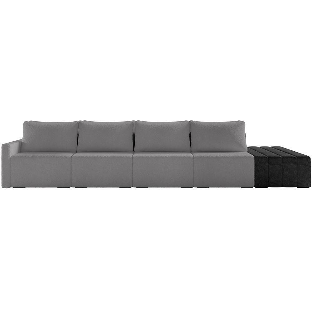 Sofá Ilha Modular Para Sala 392cm Com Puff Dublin K01 Bouclê Cinza E Sintético Preto - Lyam Decor - 5