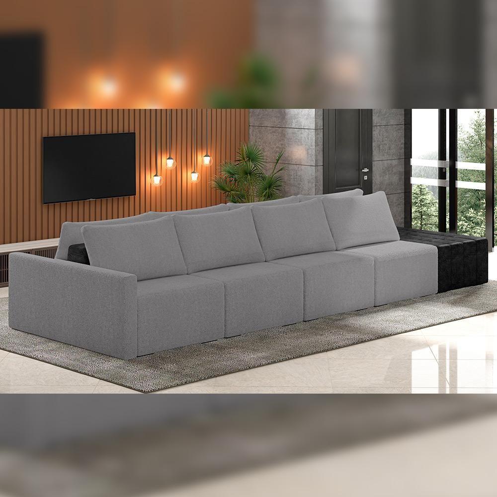 Sofá Ilha Modular Para Sala 392cm Com Puff Dublin K01 Bouclê Cinza E Sintético Preto - Lyam Decor - 6
