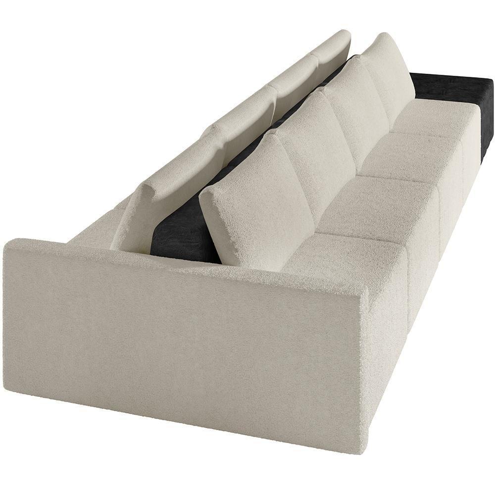 Sofá Ilha Modular Para Sala 392cm Com Puff Dublin K01 Bouclê Creme E Sintético Preto - Lyam Decor - 4