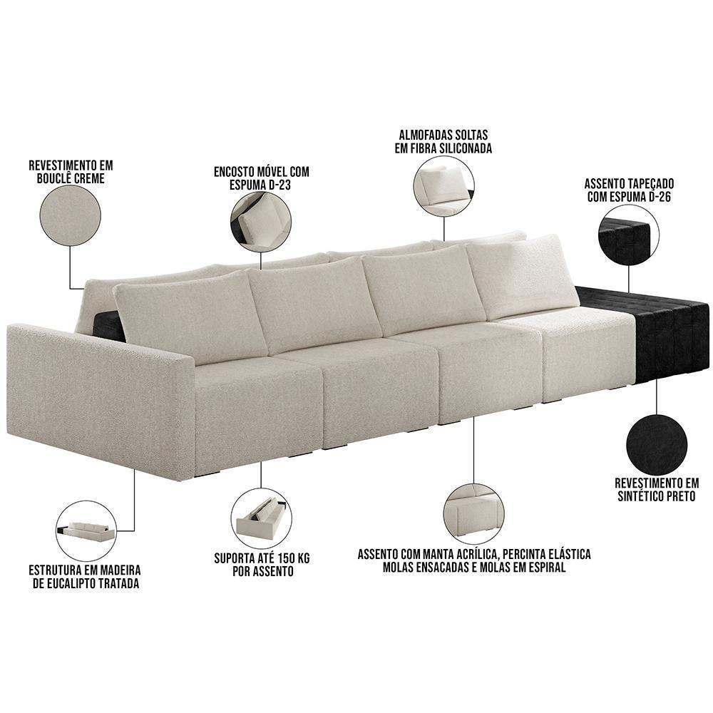 Sofá Ilha Modular Para Sala 392cm Com Puff Dublin K01 Bouclê Creme E Sintético Preto - Lyam Decor - 7