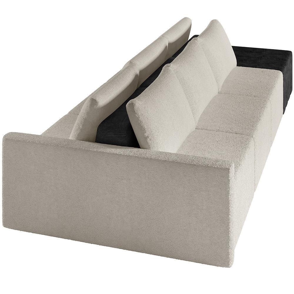 Sofá Ilha Modular Para Sala 312cm Com Puff Dublin K01 Bouclê Creme E Sintético Preto - Lyam Decor - 4