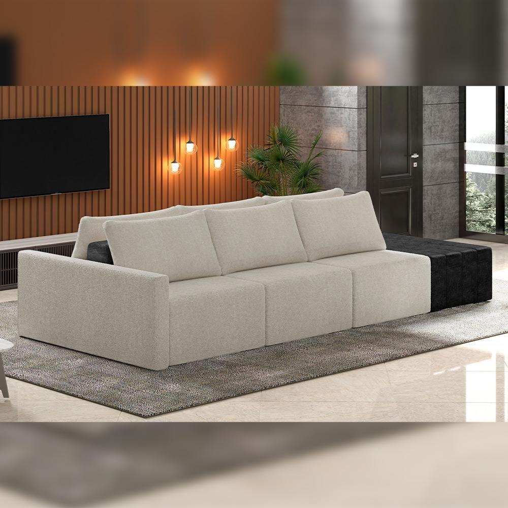Sofá Ilha Modular Para Sala 312cm Com Puff Dublin K01 Bouclê Creme E Sintético Preto - Lyam Decor - 6