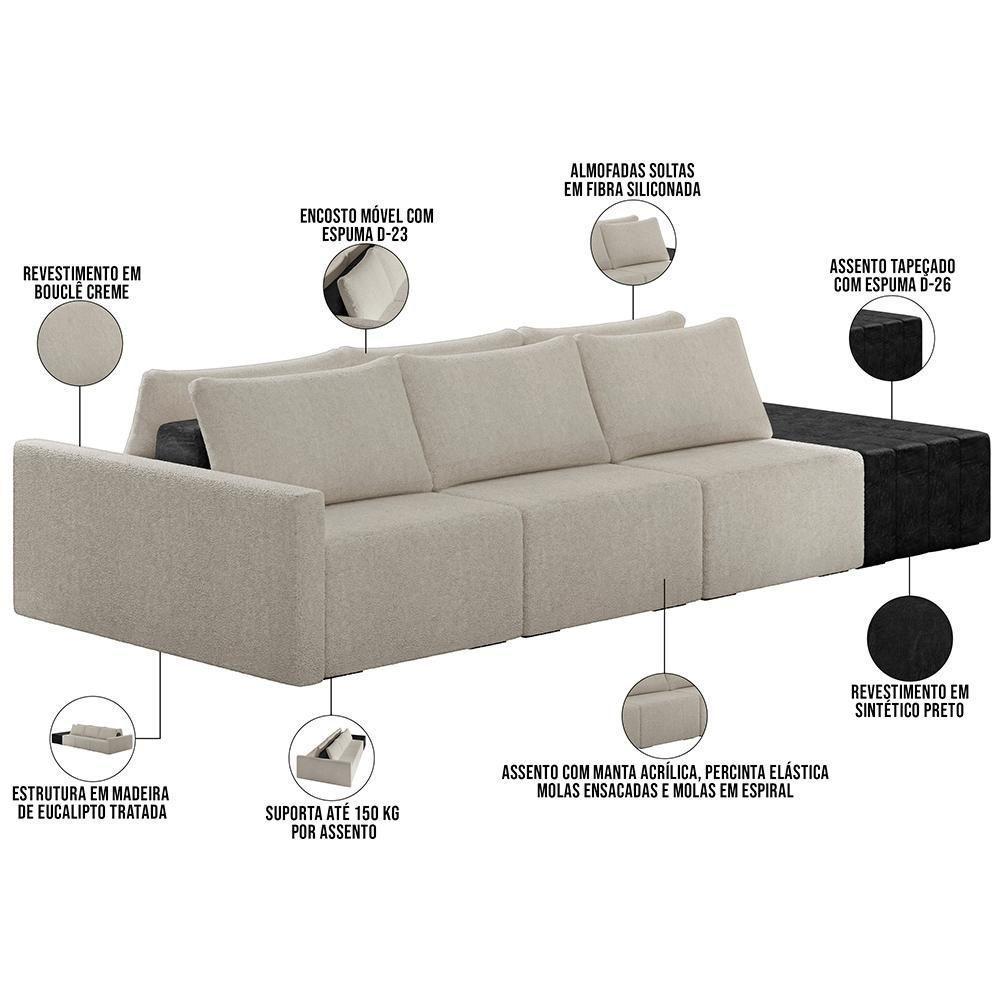 Sofá Ilha Modular Para Sala 312cm Com Puff Dublin K01 Bouclê Creme E Sintético Preto - Lyam Decor - 7