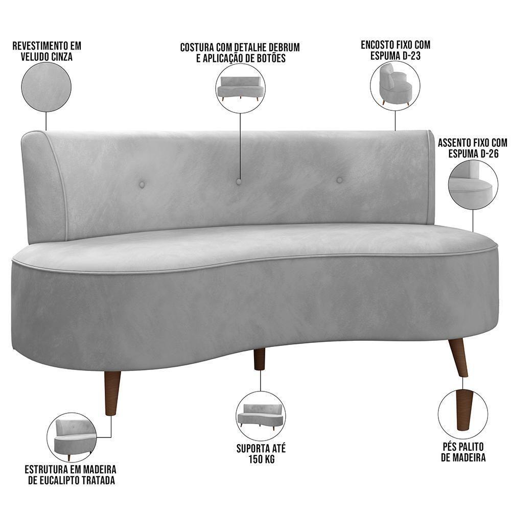 Sofá Chaise Living 2 Lugares 160cm Para Sala Istambul K01 Veludo Cinza - Lyam Decor - 7