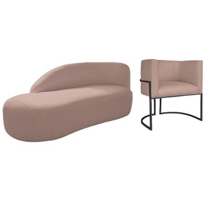 Kit Divã Luna 140cm Lado Esquerdo E 01 Poltrona Base De Ferro Preto Linho Cor Rosê