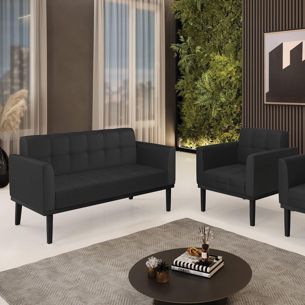 Sofá Namoradeira E Poltrona Base De Madeira Preto Elisa Corino Preto D03 - D'rossi - 7