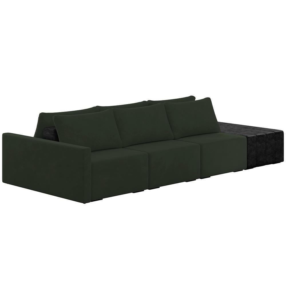 Sofá Ilha Modular Para Sala 342cm Com Puff Dublin K01 Veludo Verde E Sintético Preto - Lyam Decor - 1