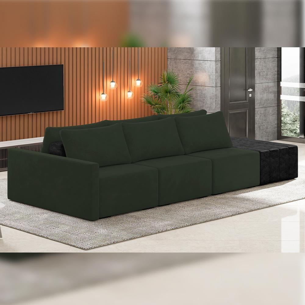 Sofá Ilha Modular Para Sala 342cm Com Puff Dublin K01 Veludo Verde E Sintético Preto - Lyam Decor - 6