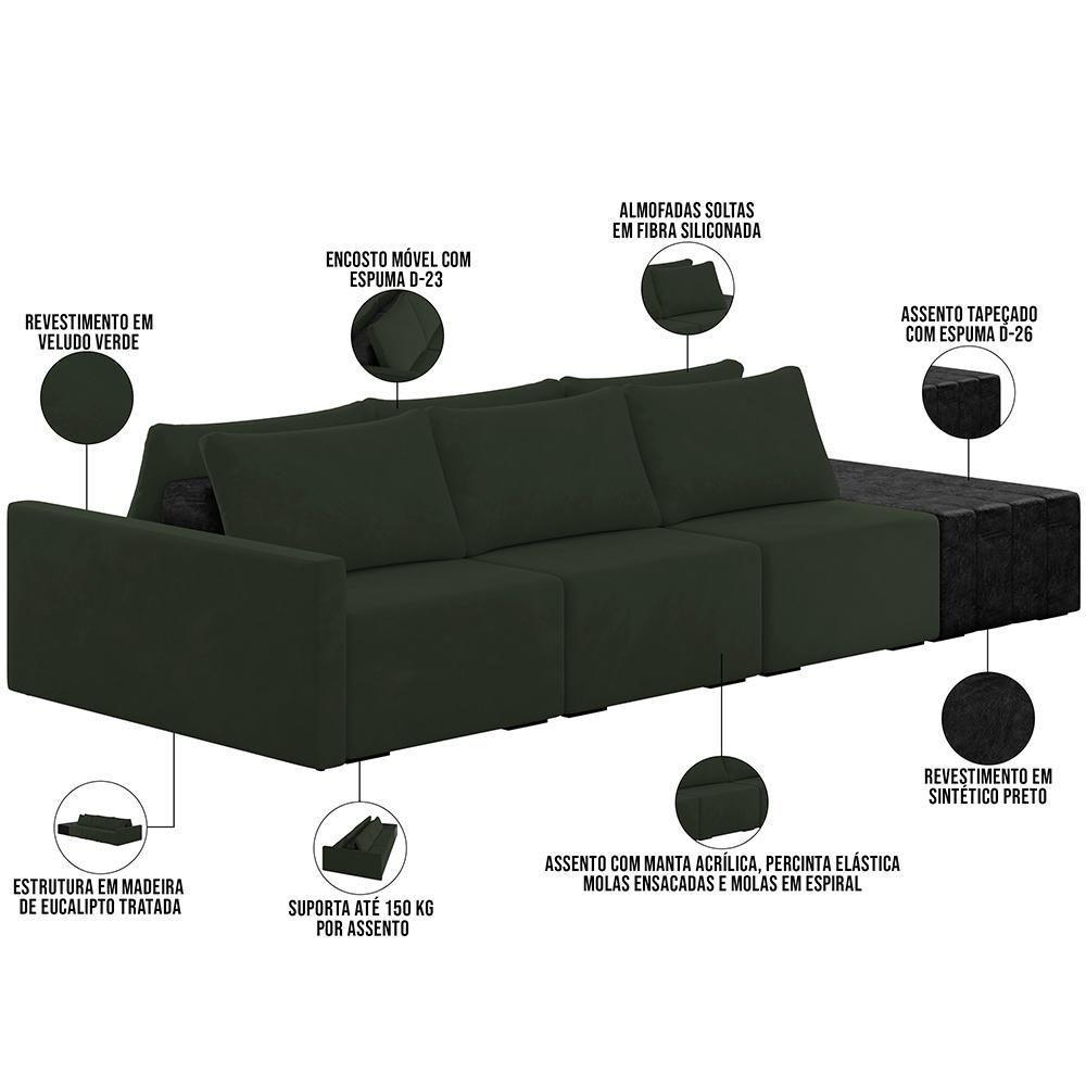 Sofá Ilha Modular Para Sala 342cm Com Puff Dublin K01 Veludo Verde E Sintético Preto - Lyam Decor - 7