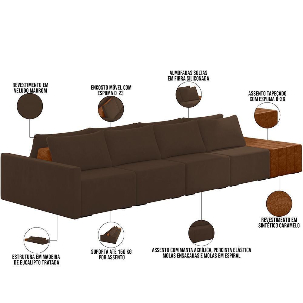 Sofá Ilha Modular Para Sala 432cm Com Puff Dublin K01 Veludo Marrom Sintético Caramelo - Lyam Decor - 7