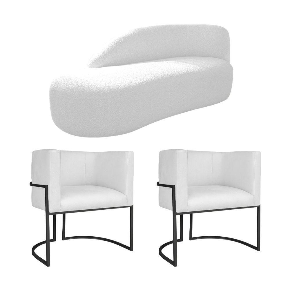 Kit Divã Luna 140cm Lado Esquerdo E 02 Poltronas Base De Ferro Preto Suede Cor Branco - 1