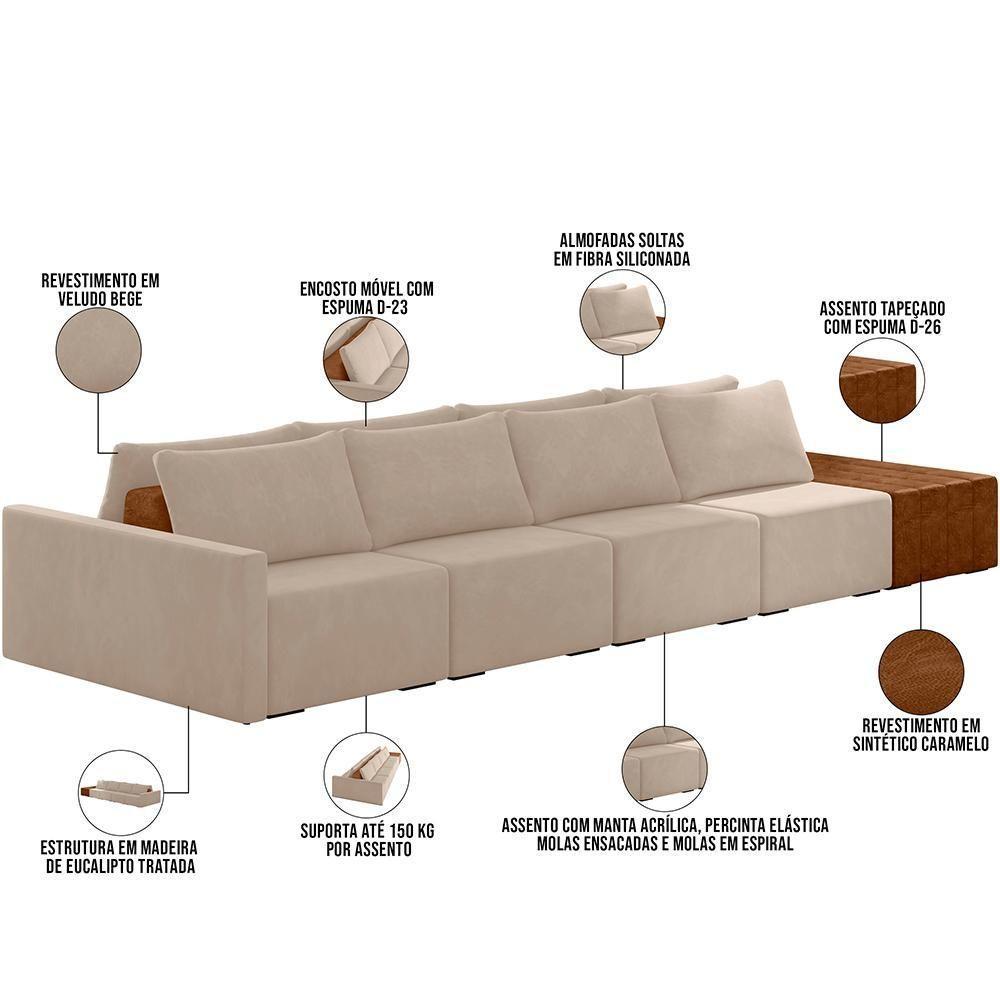 Sofá Ilha Modular Para Sala 392cm Com Puff Dublin K01 Veludo Bege Sintético Caramelo - Lyam Decor - 7