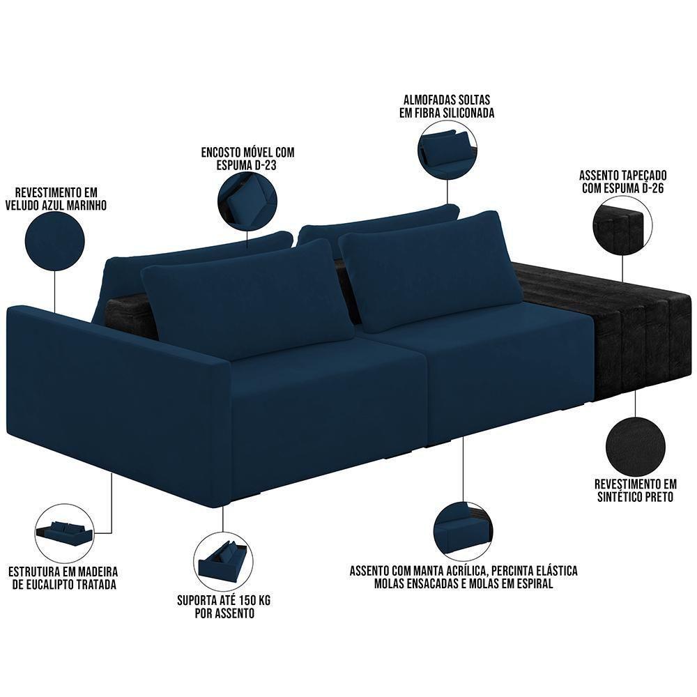 Sofá Ilha Modular Para Sala 232cm Com Puff Dublin K01 Veludo Azul Marinho E Sintético Preto - Lyam Decor - 5