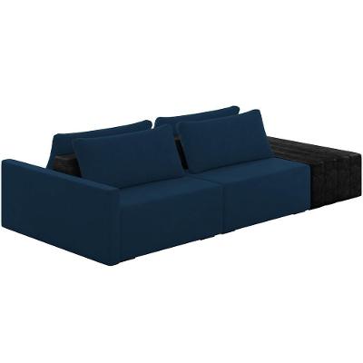 Sofá Ilha Modular Para Sala 232cm Com Puff Dublin K01 Veludo Azul Marinho E Sintético Preto - Lyam Decor
