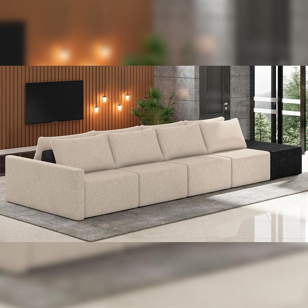 Sofá Ilha Modular Para Sala 392cm Com Puff Dublin K01 Linho Bege E Sintético Preto - Lyam Decor - 6