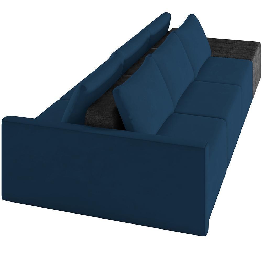 Sofá Ilha Modular Para Sala 312cm Com Puff Dublin K01 Veludo Azul Marinho E Sintético Preto - Lyam Decor - 4
