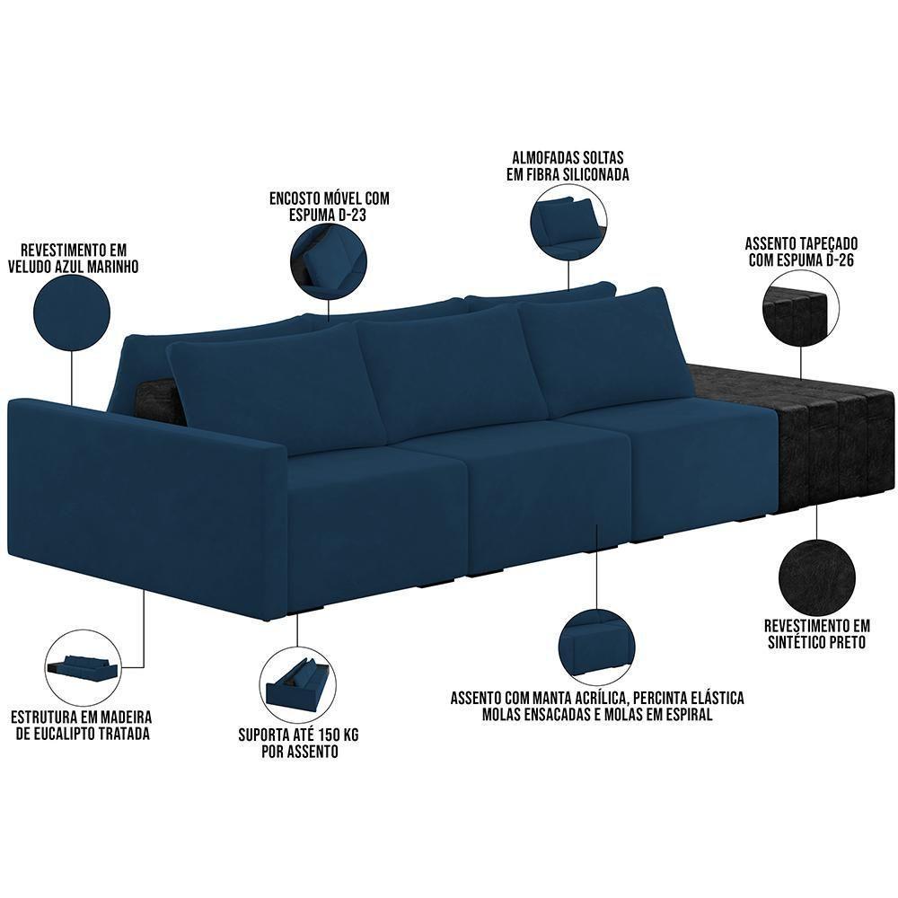 Sofá Ilha Modular Para Sala 312cm Com Puff Dublin K01 Veludo Azul Marinho E Sintético Preto - Lyam Decor - 7