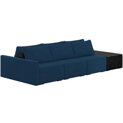 Sofá Ilha Modular Para Sala 312cm Com Puff Dublin K01 Veludo Azul Marinho E Sintético Preto - Lyam Decor