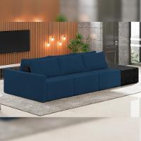 Sofá Ilha Modular Para Sala 312cm Com Puff Dublin K01 Veludo Azul Marinho E Sintético Preto - Lyam Decor - 6