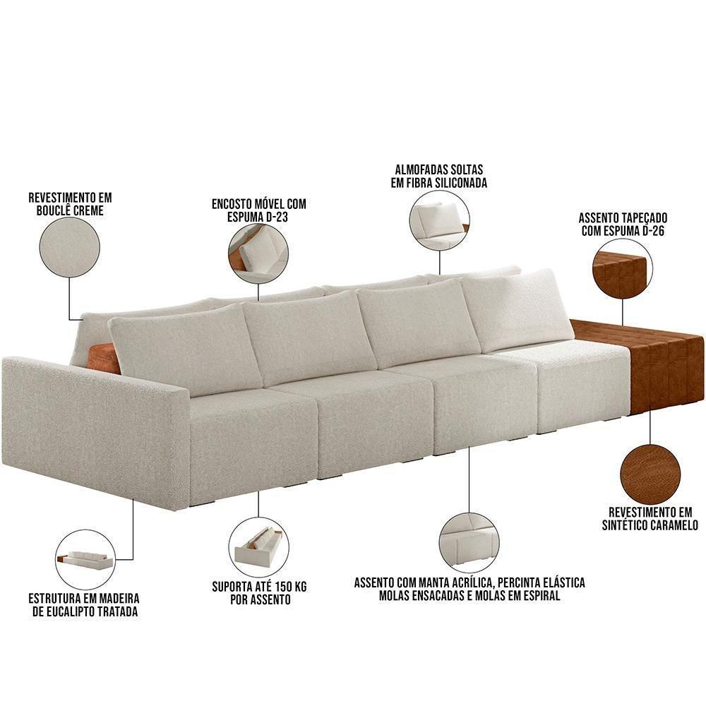 Sofá Ilha Modular Para Sala 432cm Com Puff Dublin K01 Bouclê Creme Sintético Caramelo - Lyam Decor - 7