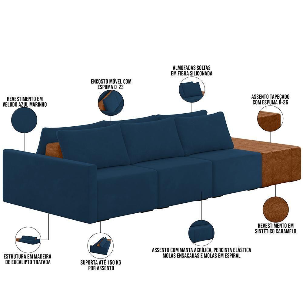 Sofá Ilha Modular Para Sala 342cm Com Puff Dublin K01 Veludo Azul Sintético Caramelo - Lyam Decor - 7