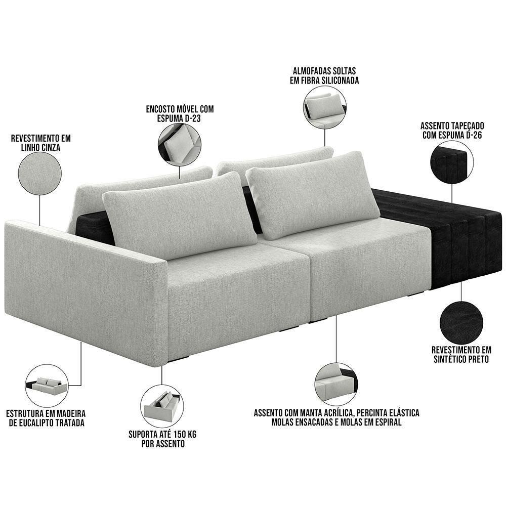 Sofá Ilha Modular Para Sala 232cm Com Puff Dublin K01 Linho Cinza E Sintético Preto - Lyam Decor - 5