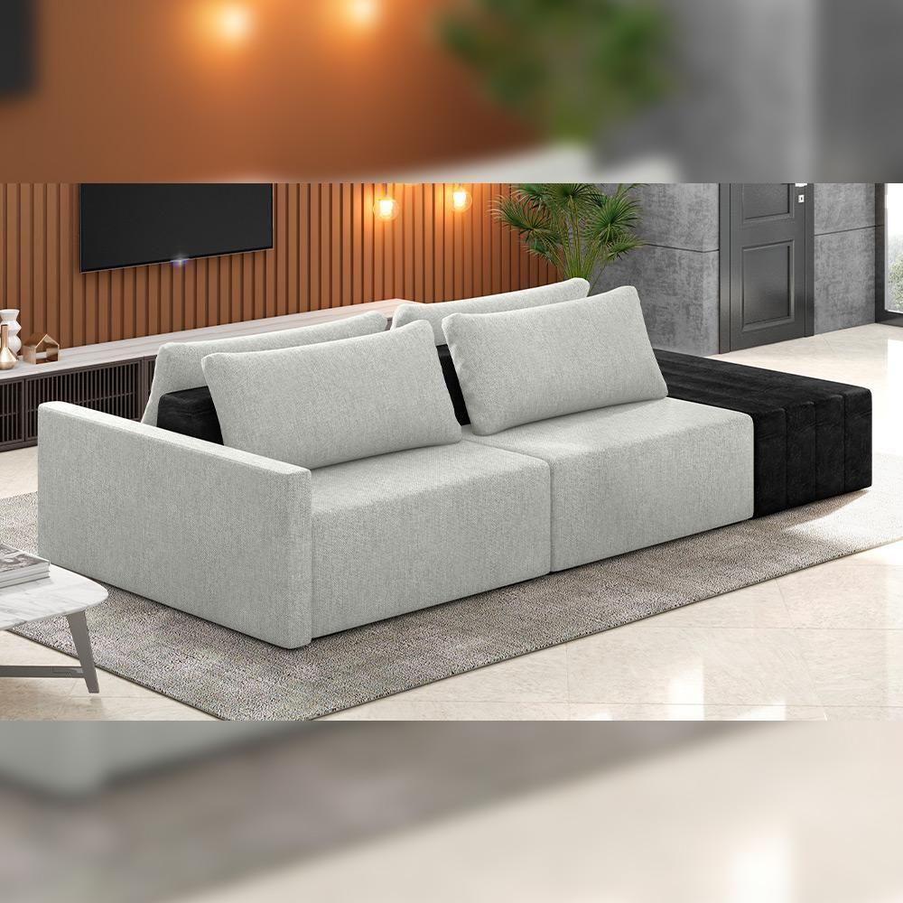 Sofá Ilha Modular Para Sala 232cm Com Puff Dublin K01 Linho Cinza E Sintético Preto - Lyam Decor - 7
