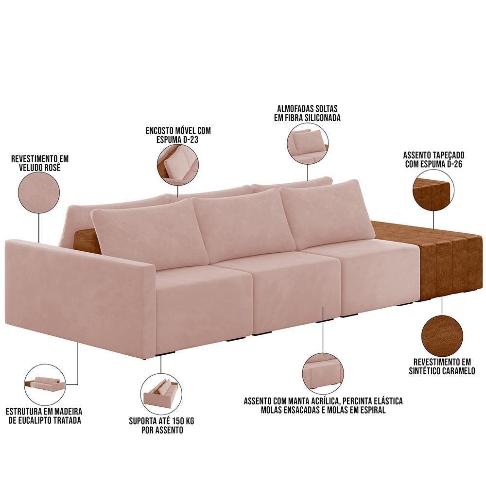Sofá Ilha Modular Para Sala 342cm Com Puff Dublin K01 Veludo Rosê Sintético Caramelo - Lyam Decor - 7