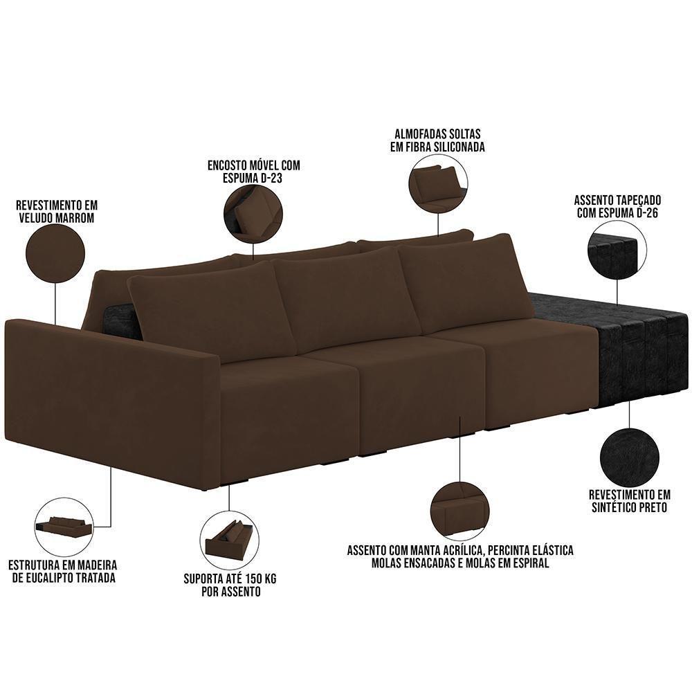 Sofá Ilha Modular Para Sala 312cm Com Puff Dublin K01 Veludo Marrom E Sintético Preto - Lyam Decor - 7