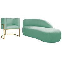 Kit Divã Luna 160cm Lado Direito E 01 Poltrona Base De Ferro Dourada Suede Cor Azul Tiffany - 1