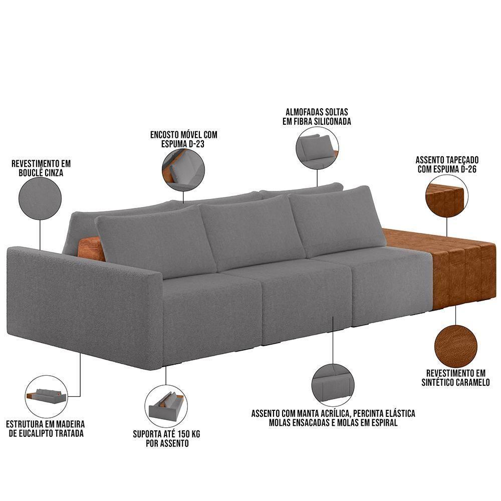 Sofá Ilha Modular Para Sala 312cm Com Puff Dublin K01 Bouclê Cinza Sintético Caramelo - Lyam Decor - 7