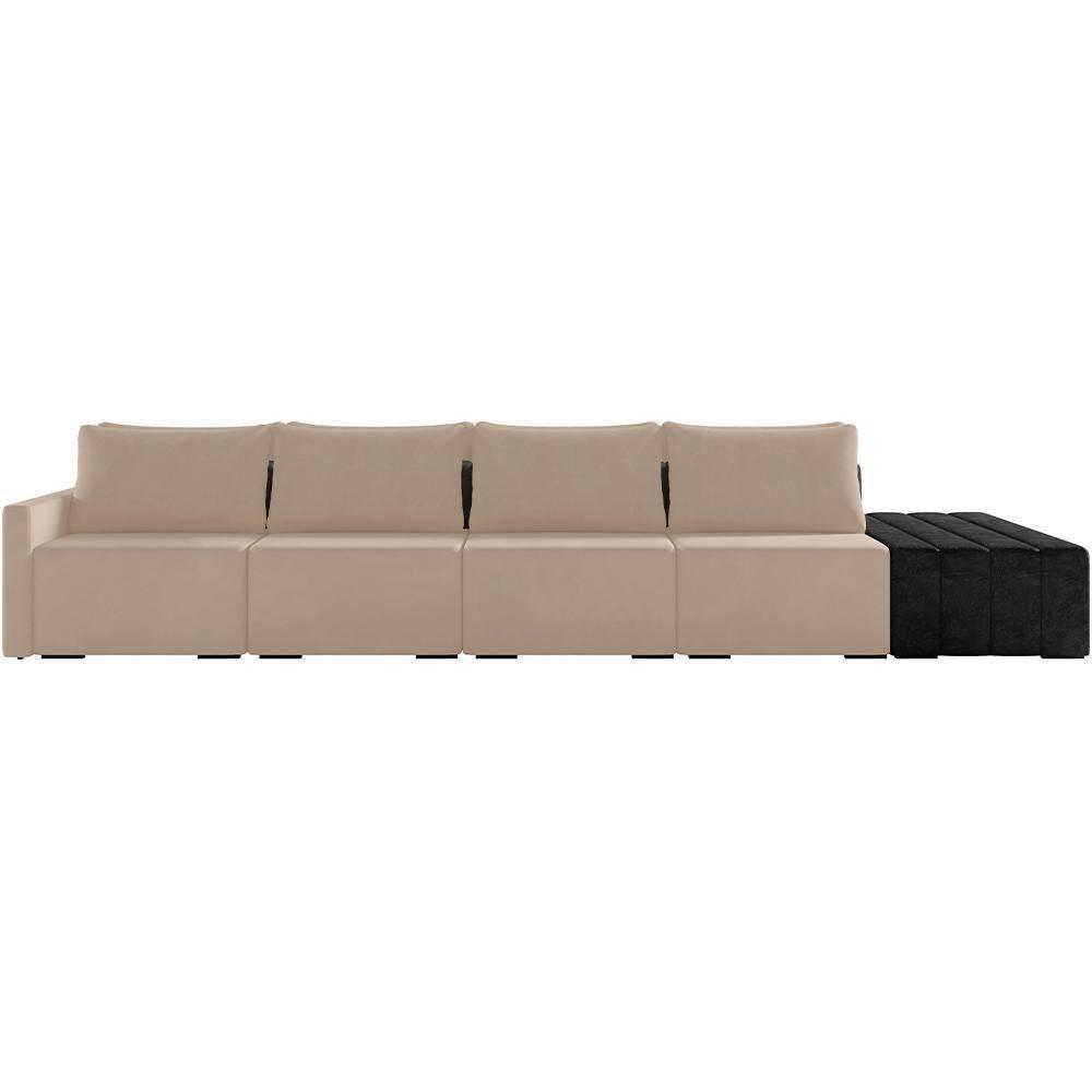 Sofá Ilha Modular Para Sala 392cm Com Puff Dublin K01 Veludo Bege E Sintético Preto - Lyam Decor - 5